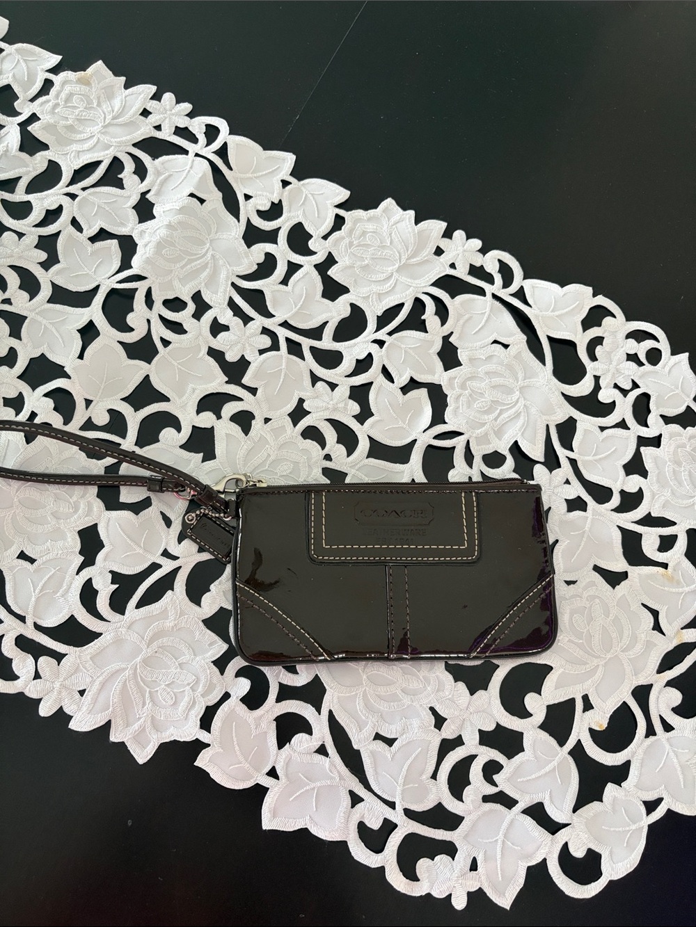 Coach Patent Leather Wristlet in Deep Brown